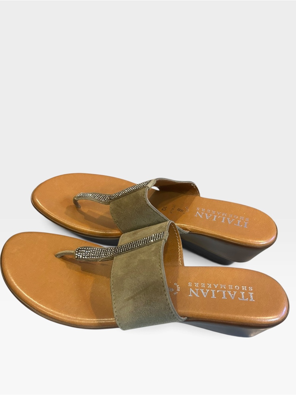 Italian Shoemakers Olive Green Suede Jeweled Thong Sandals